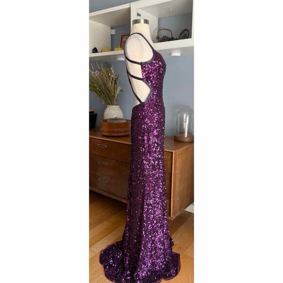 Primavera Couture 1853 Sequin Beaded Plum Gown Formal Dress Prom Long - Picture 3 of 12
